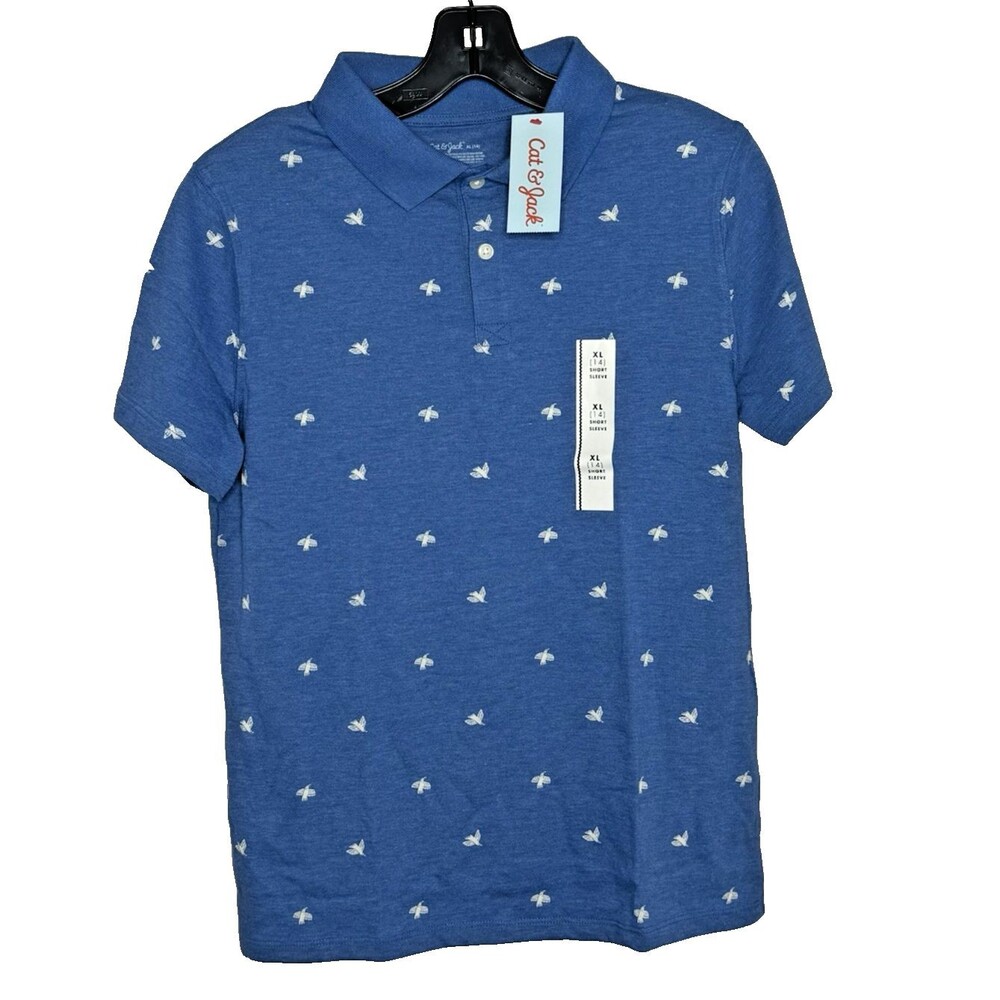 Cat & Jack Boy's Blue 2 Button Collared Bird Print Polo Shirt Size XL (14) NEW!